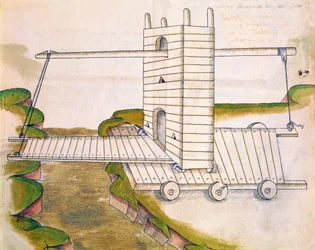 Design for a Machine with Drawbridge on Wheels for Use in Warfare or Sieges, Illustration from De Machinis
